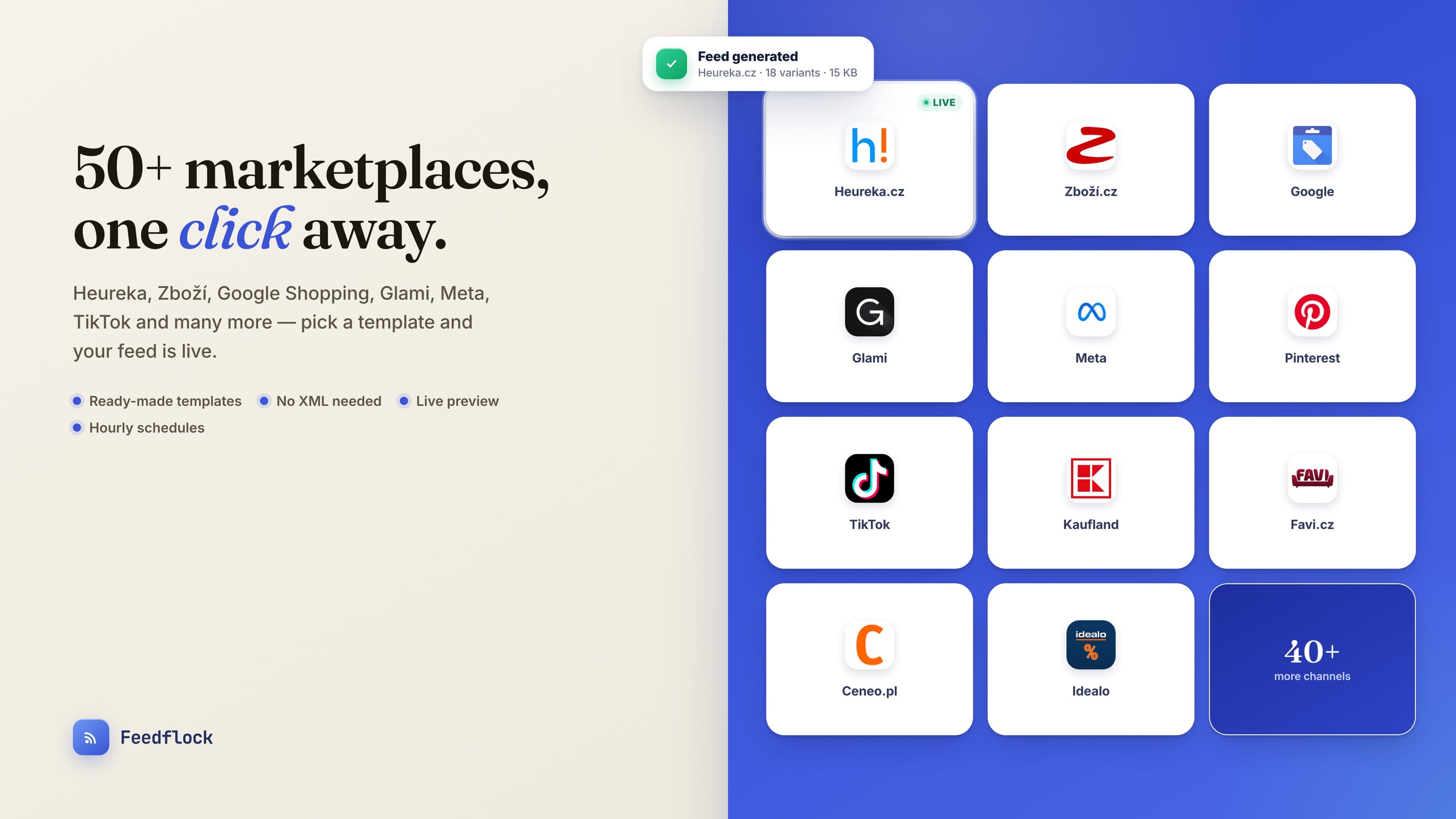 The marketplace gallery: a grid of ready-made feed templates with real channel logos.